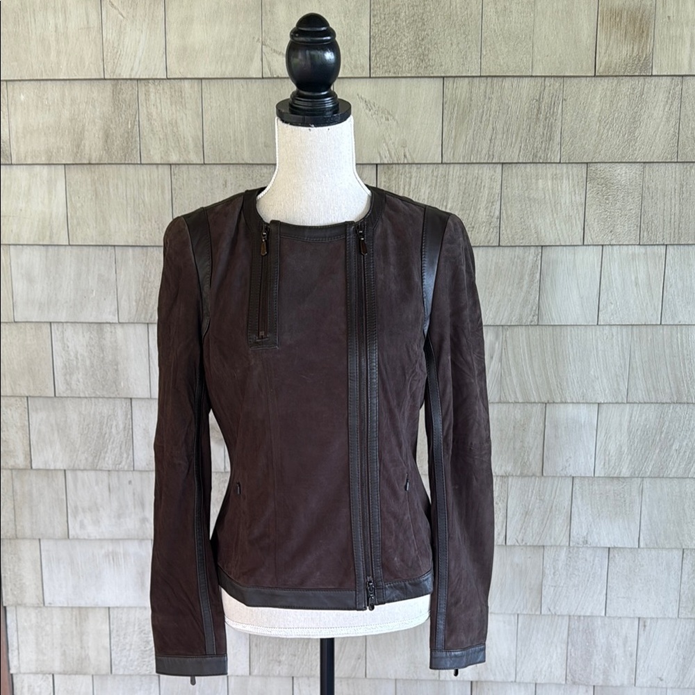 Worth Brown Suede Moto Jacket Asymmetrical Design